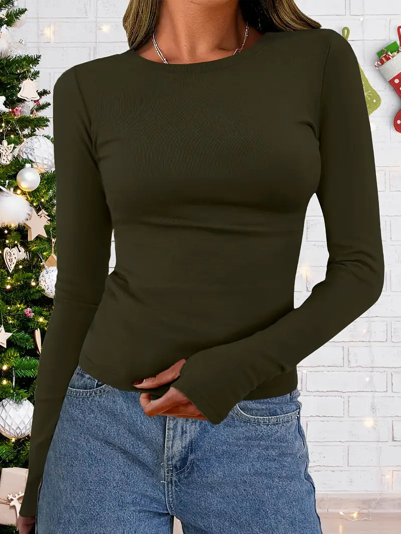 Pull côtelé fin pour femme avec col rond - Coupe ajustée et manches longues