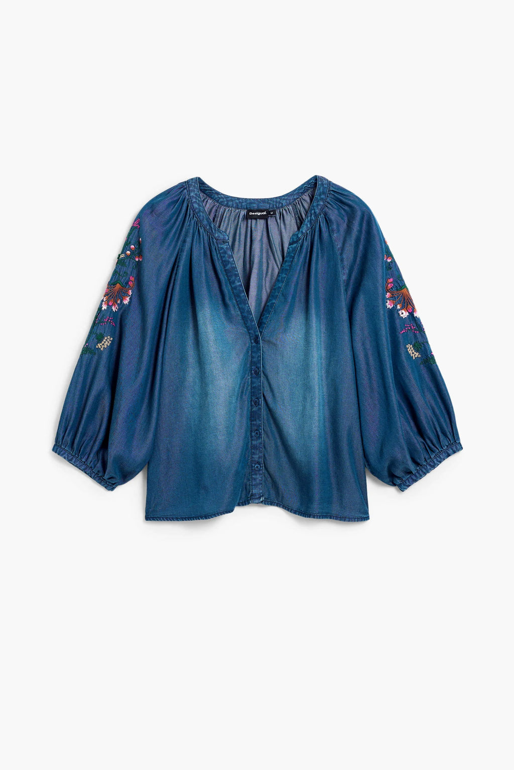 Blusa de mujer azul de manga larga con bordado