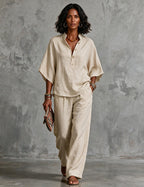 Ensemble deux pièces femme en lin avec manches chauve-souris - blouse et pantalon large d’été