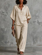 Ensemble deux pièces femme en lin avec manches chauve-souris - blouse et pantalon large d’été