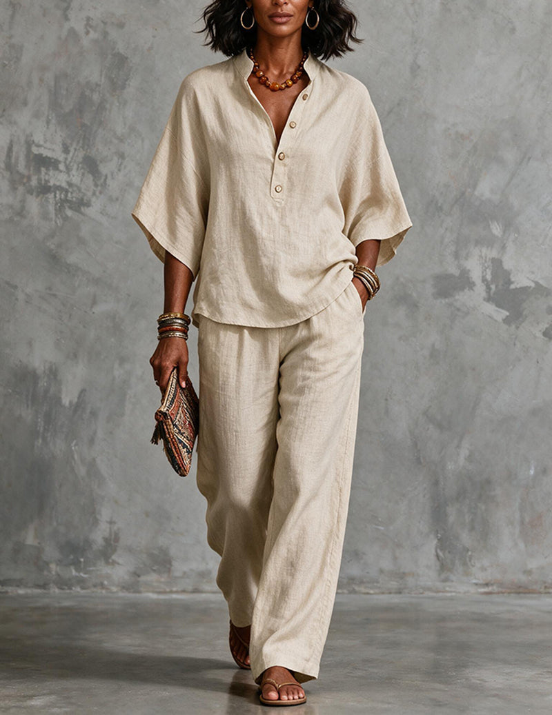 Ensemble deux pièces femme en lin avec manches chauve-souris - blouse et pantalon large d’été