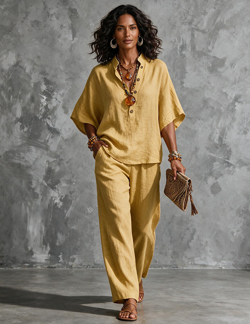Ensemble deux pièces femme en lin avec manches chauve-souris - blouse et pantalon large d’été