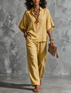 Ensemble deux pièces femme en lin avec manches chauve-souris - blouse et pantalon large d’été