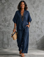 Ensemble deux pièces femme en lin avec manches chauve-souris - blouse et pantalon large d’été