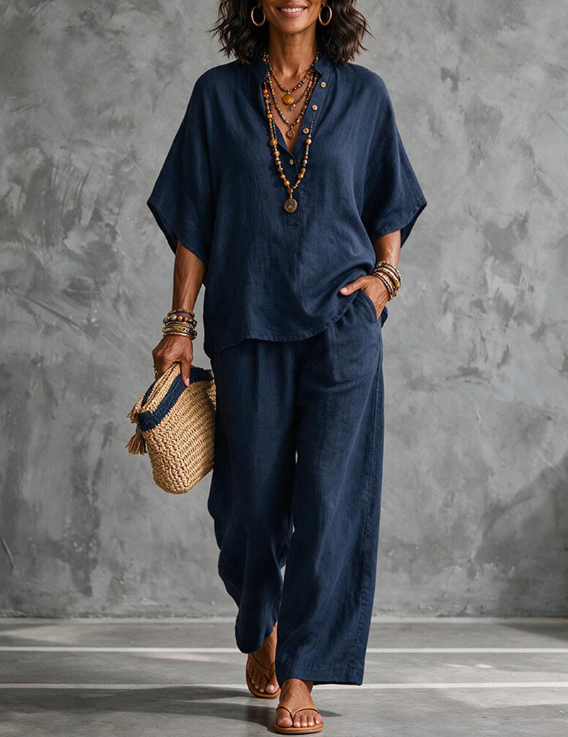 Ensemble deux pièces femme en lin avec manches chauve-souris - blouse et pantalon large d’été
