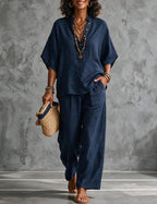 Ensemble deux pièces femme en lin avec manches chauve-souris - blouse et pantalon large d’été