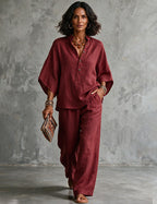 Ensemble deux pièces femme en lin avec manches chauve-souris - blouse et pantalon large d’été