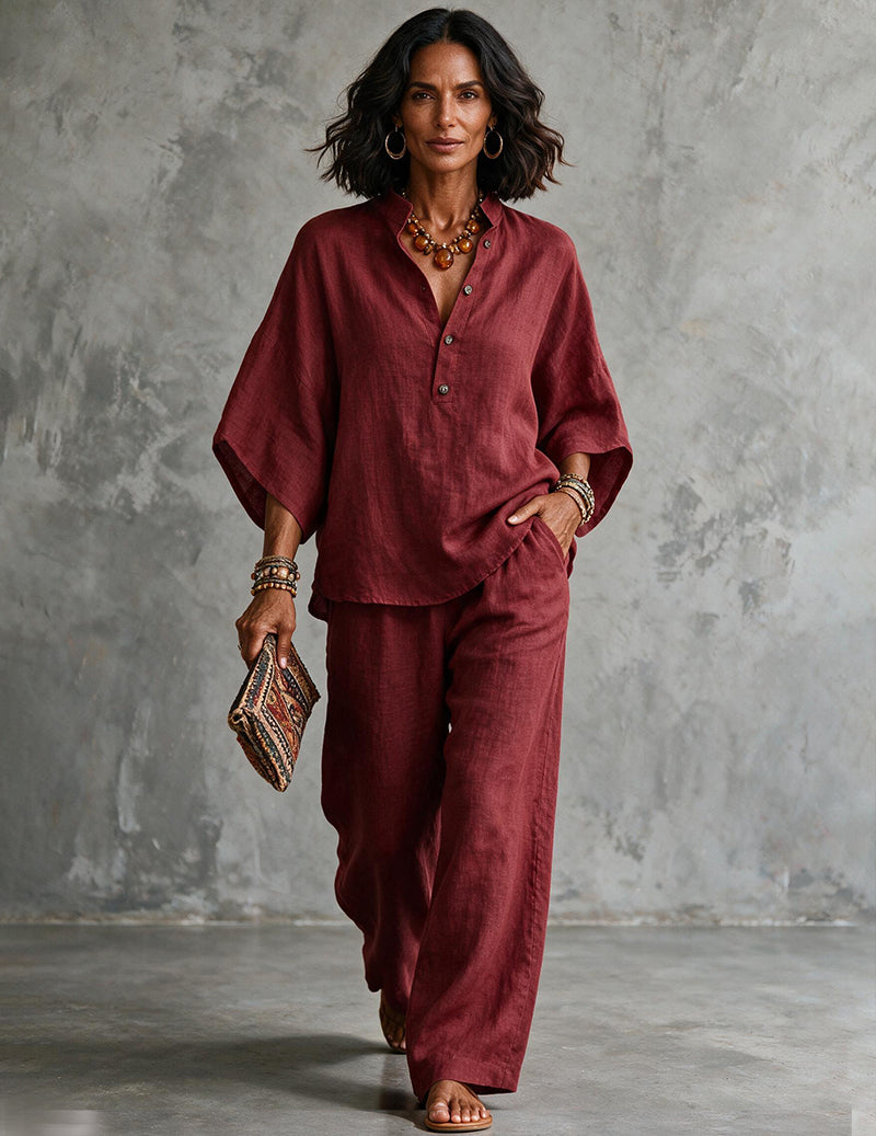 Ensemble deux pièces femme en lin avec manches chauve-souris - blouse et pantalon large d’été