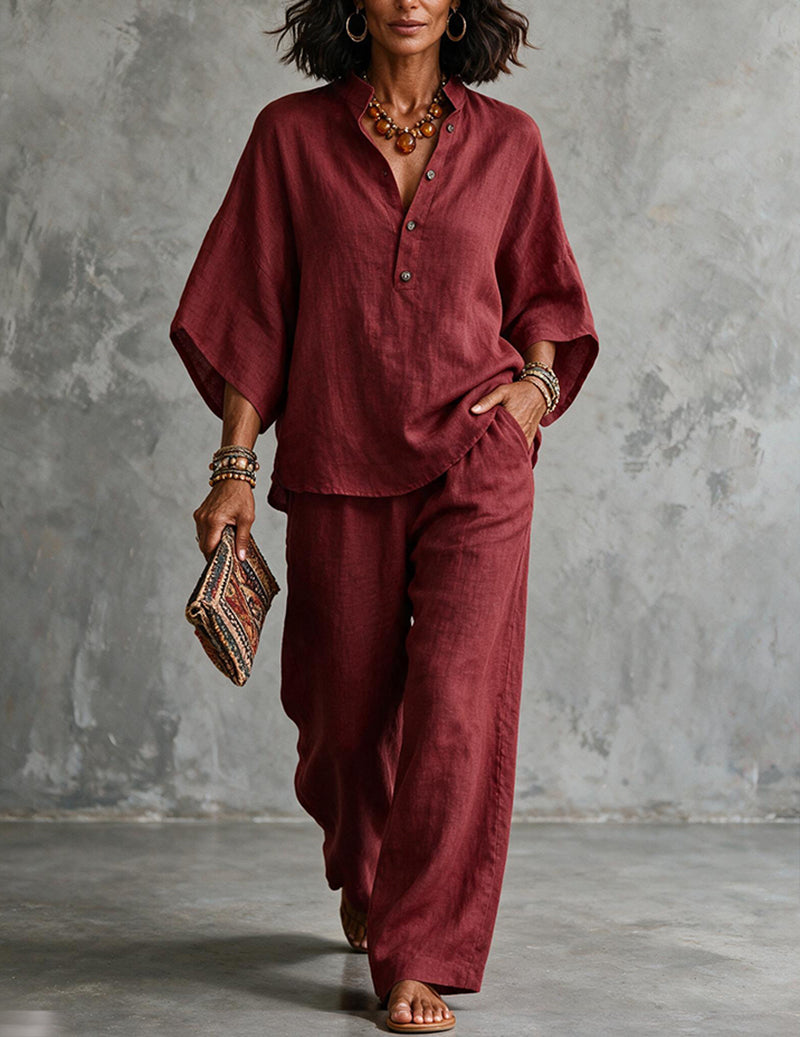 Ensemble deux pièces femme en lin avec manches chauve-souris - blouse et pantalon large d’été