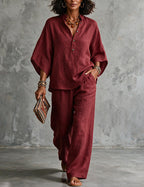 Ensemble deux pièces femme en lin avec manches chauve-souris - blouse et pantalon large d’été