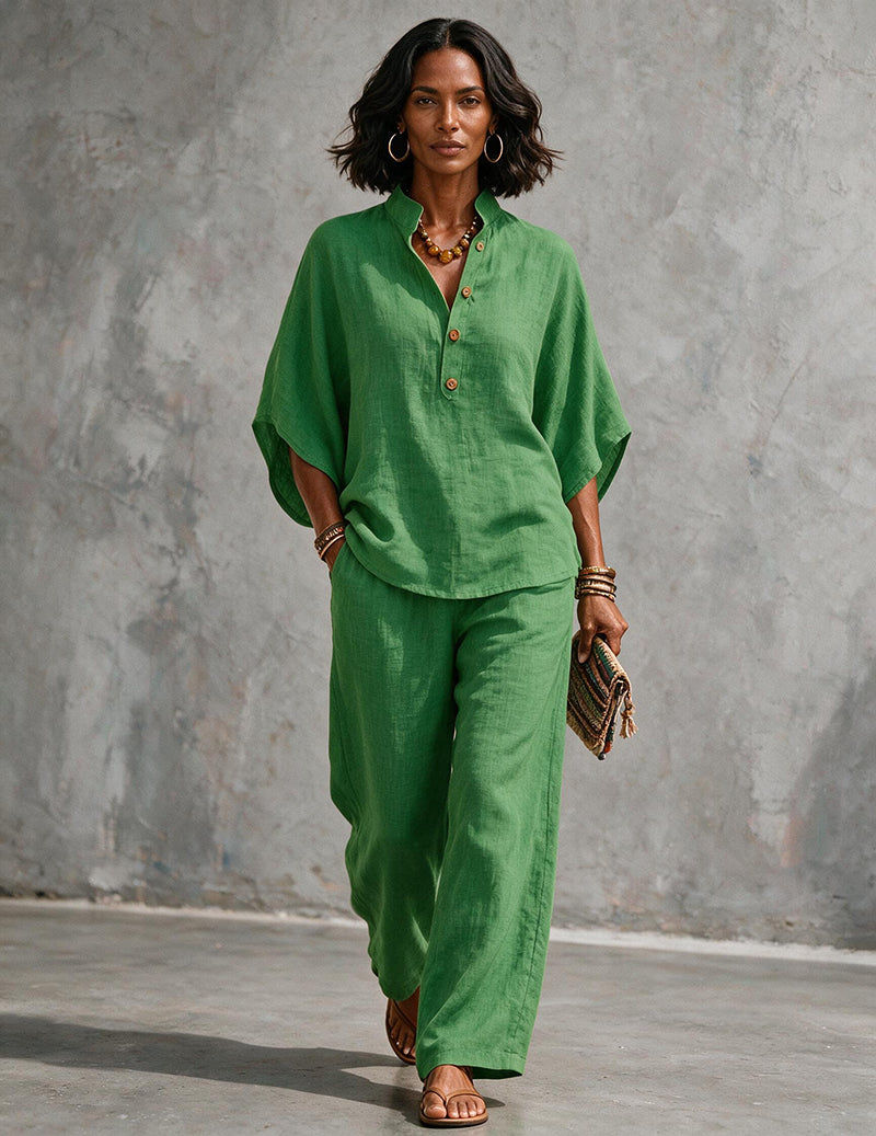 Ensemble deux pièces femme en lin avec manches chauve-souris - blouse et pantalon large d’été