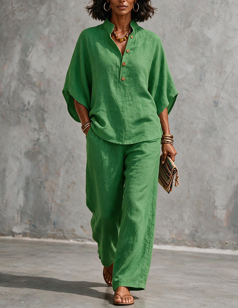 Ensemble deux pièces femme en lin avec manches chauve-souris - blouse et pantalon large d’été