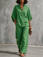 Ensemble deux pièces femme en lin avec manches chauve-souris - blouse et pantalon large d’été