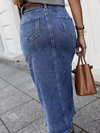 Gonna Midi Donna in Denim a Vita Alta con Bottoni Frontali