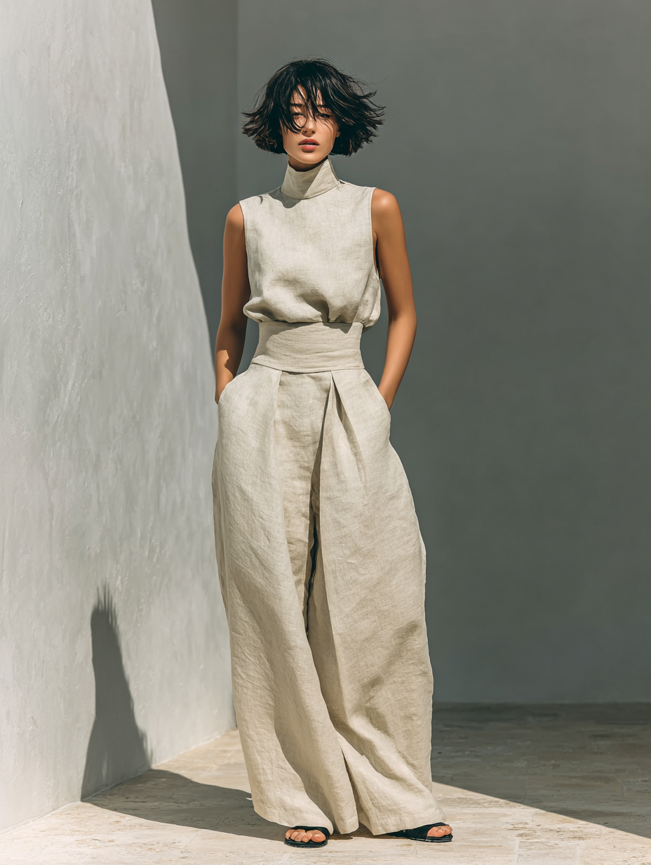Sæt Dame Bomuld Hør Silhuet Minimalistisk Stil