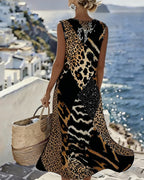 Abito Midi Shift con Blocco di Colore e Stampa Leopardata