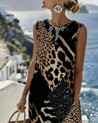 Abito Midi Shift con Blocco di Colore e Stampa Leopardata