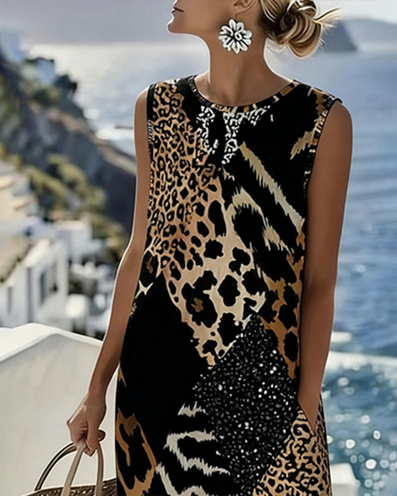 Midi Shift Kjole med Farveblok og Leopardprint