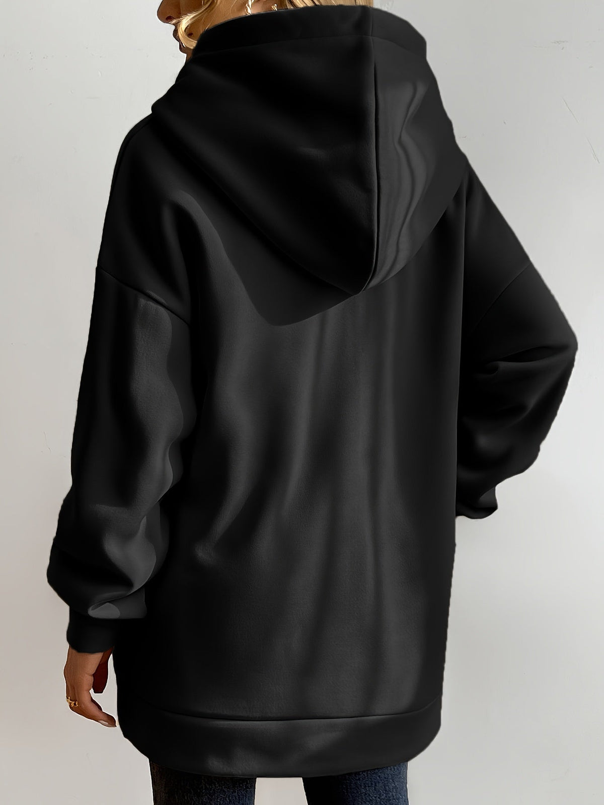 Sudadera larga de mujer con capucha y cremallera – corte oversize y bolsillos laterales