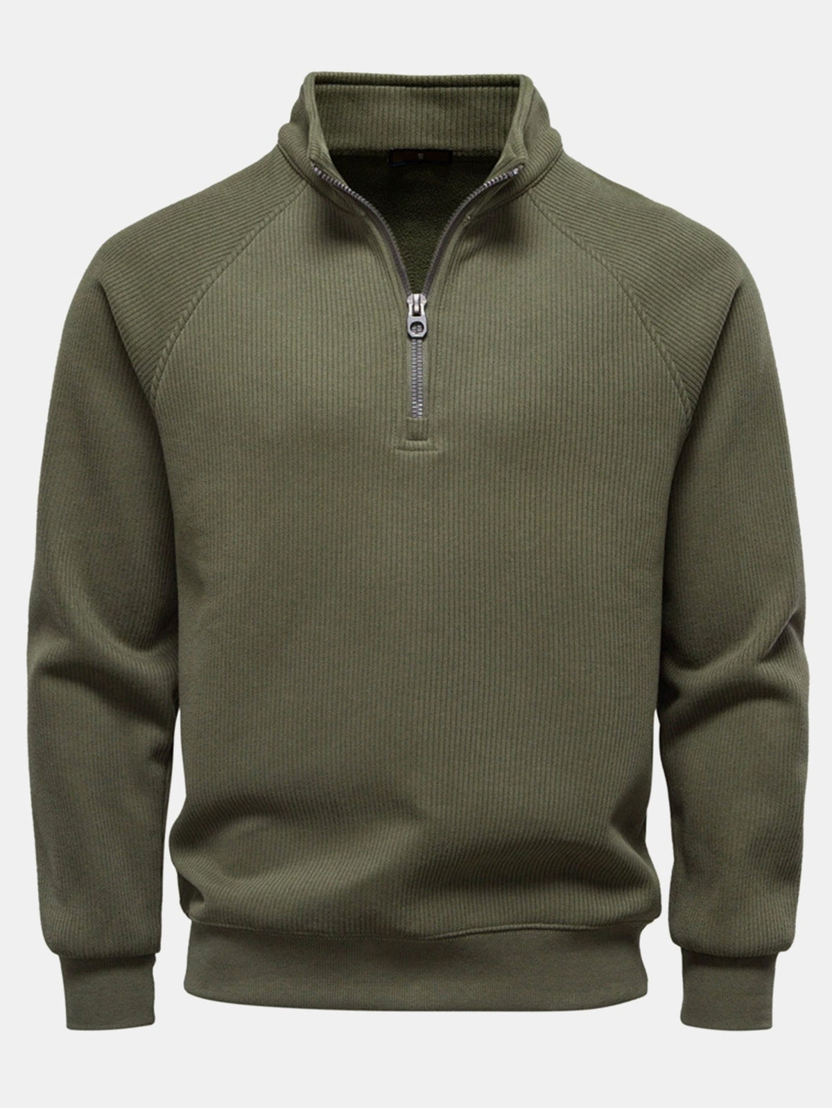 Sudadera de hombre acanalada con cremallera de un cuarto - cuello alto y mangas raglán de mezcla de algodón
