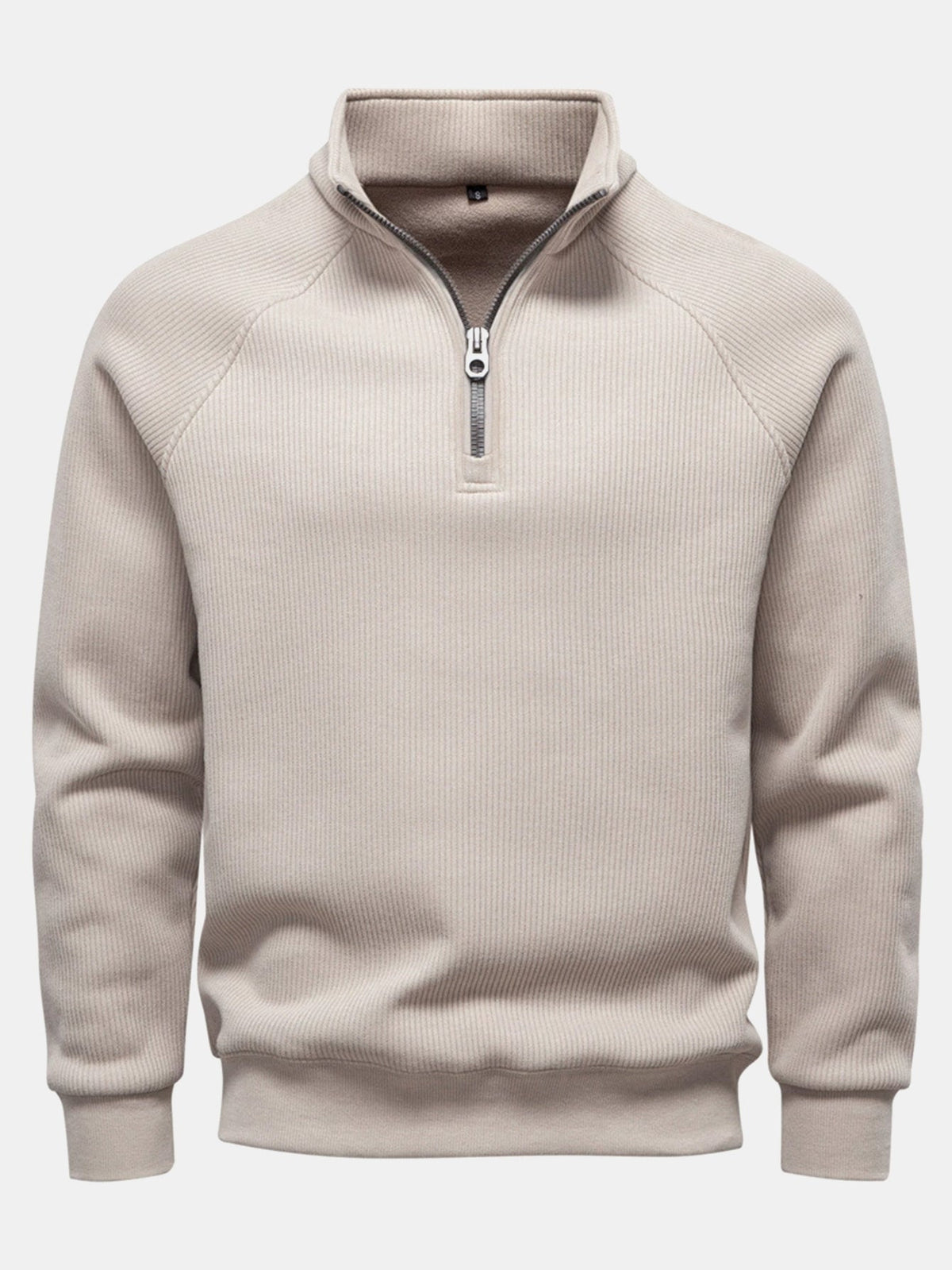 Sudadera de hombre acanalada con cremallera de un cuarto - cuello alto y mangas raglán de mezcla de algodón
