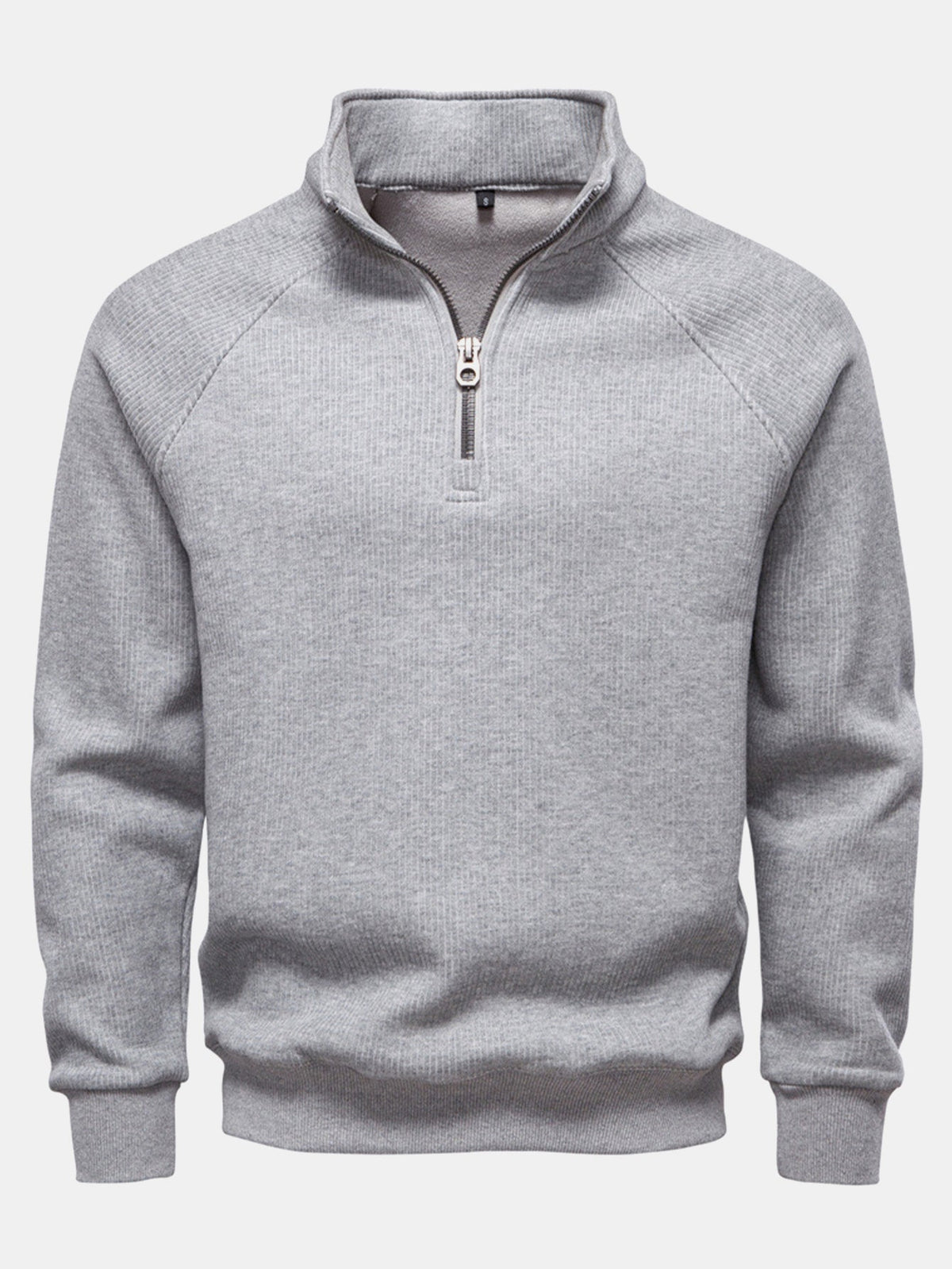 Sudadera de hombre acanalada con cremallera de un cuarto - cuello alto y mangas raglán de mezcla de algodón