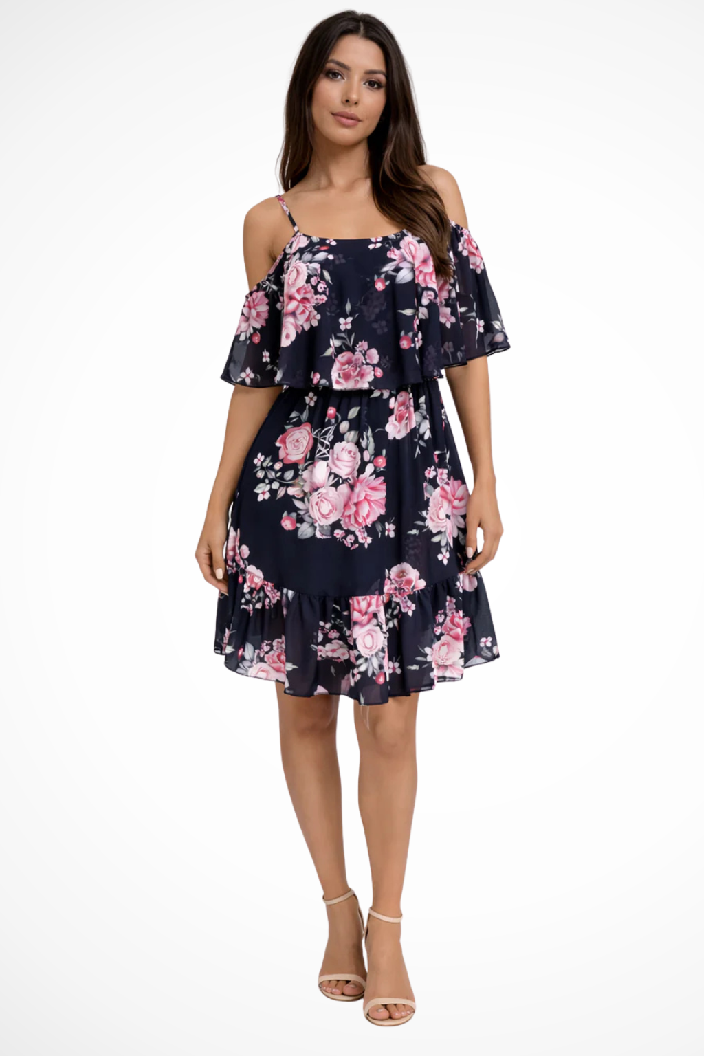 Blomstret Off-Shoulder Kjole med Flæser og Let Sommerlook