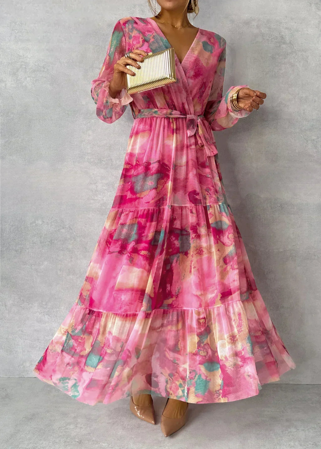 Abito Maxi Donna Plissettato Floreale con Cintura ANFINITE