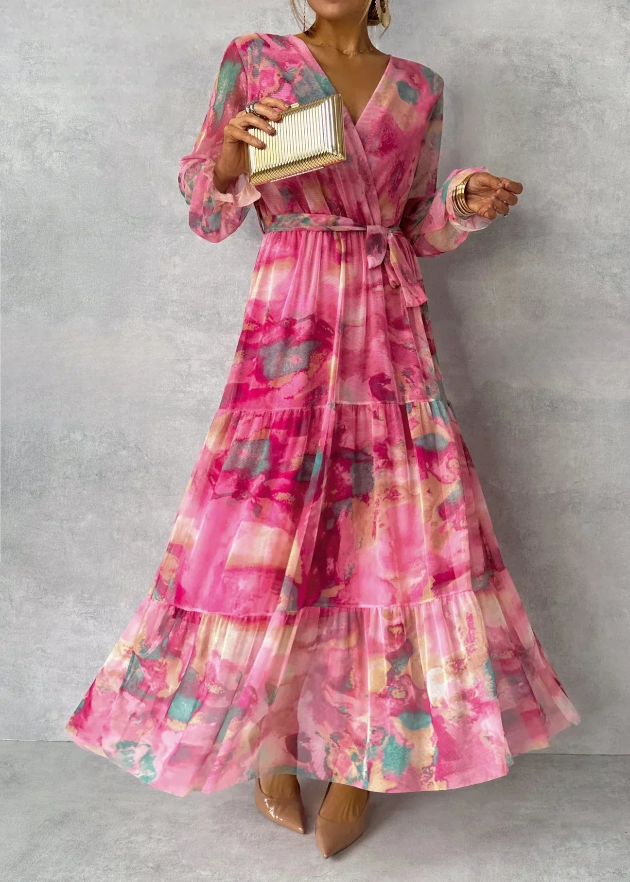 Abito Maxi Donna Plissettato Floreale con Cintura ANFINITE