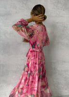 Abito Maxi Donna Plissettato Floreale con Cintura ANFINITE