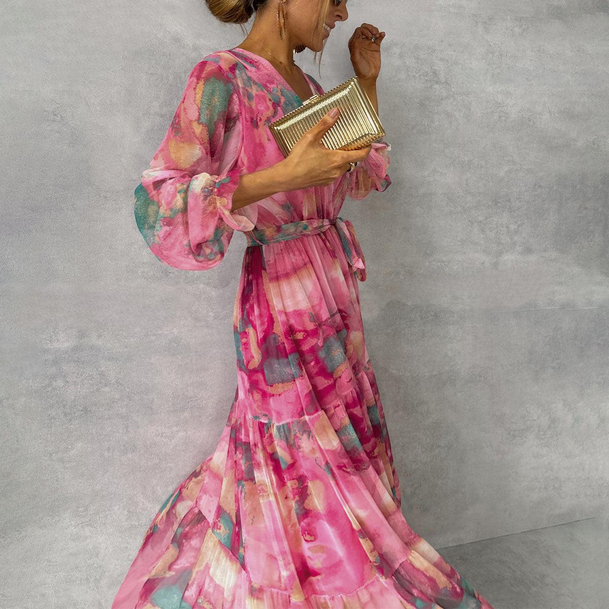 Abito Maxi Donna Plissettato Floreale con Cintura ANFINITE