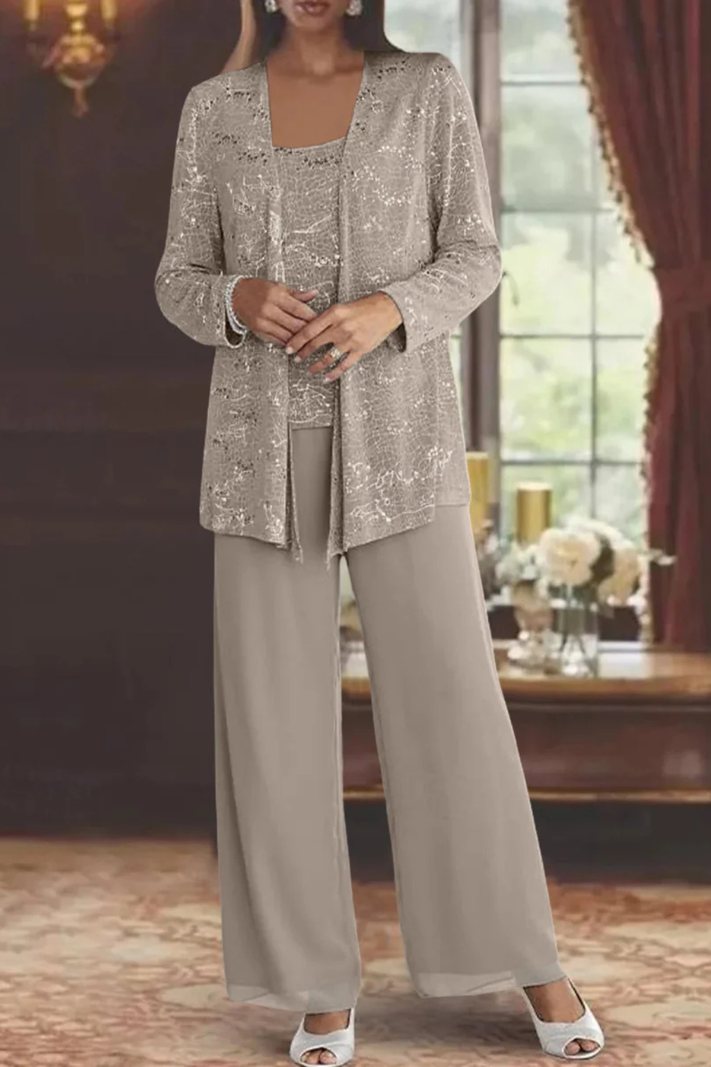 Ensemble trois pièces pour femme avec sequins et pantalon à jambes larges