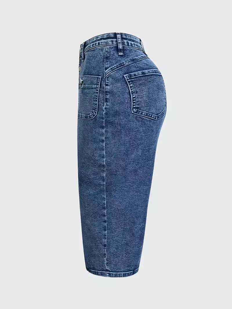 Gonna Midi Donna in Denim a Vita Alta con Bottoni Frontali