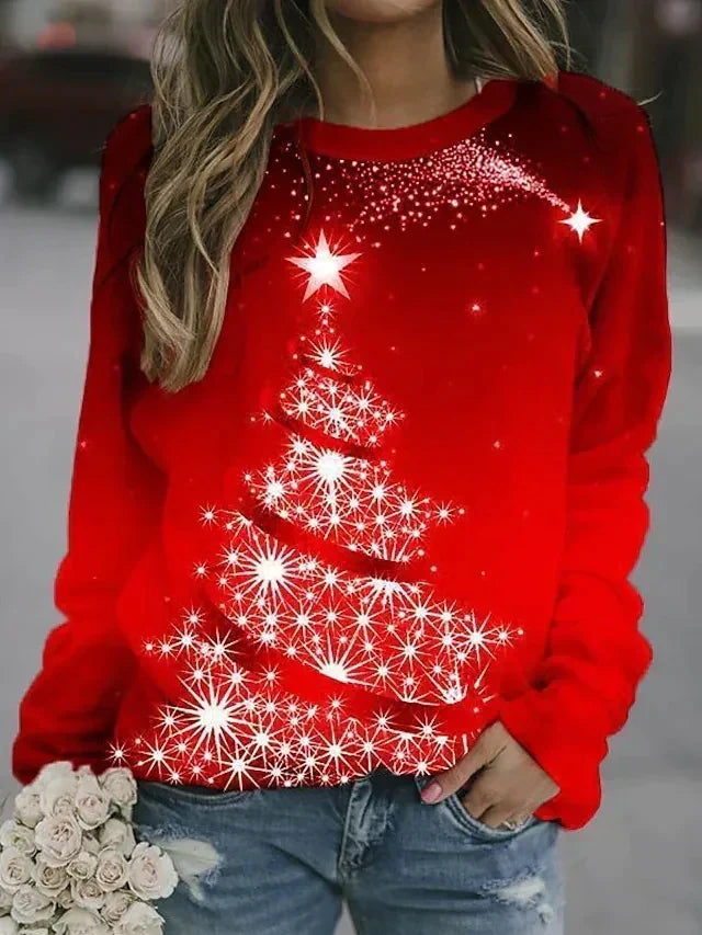 Sudadera navideña para mujer con árbol de Navidad brillante – Cuello redondo y corte cómodo