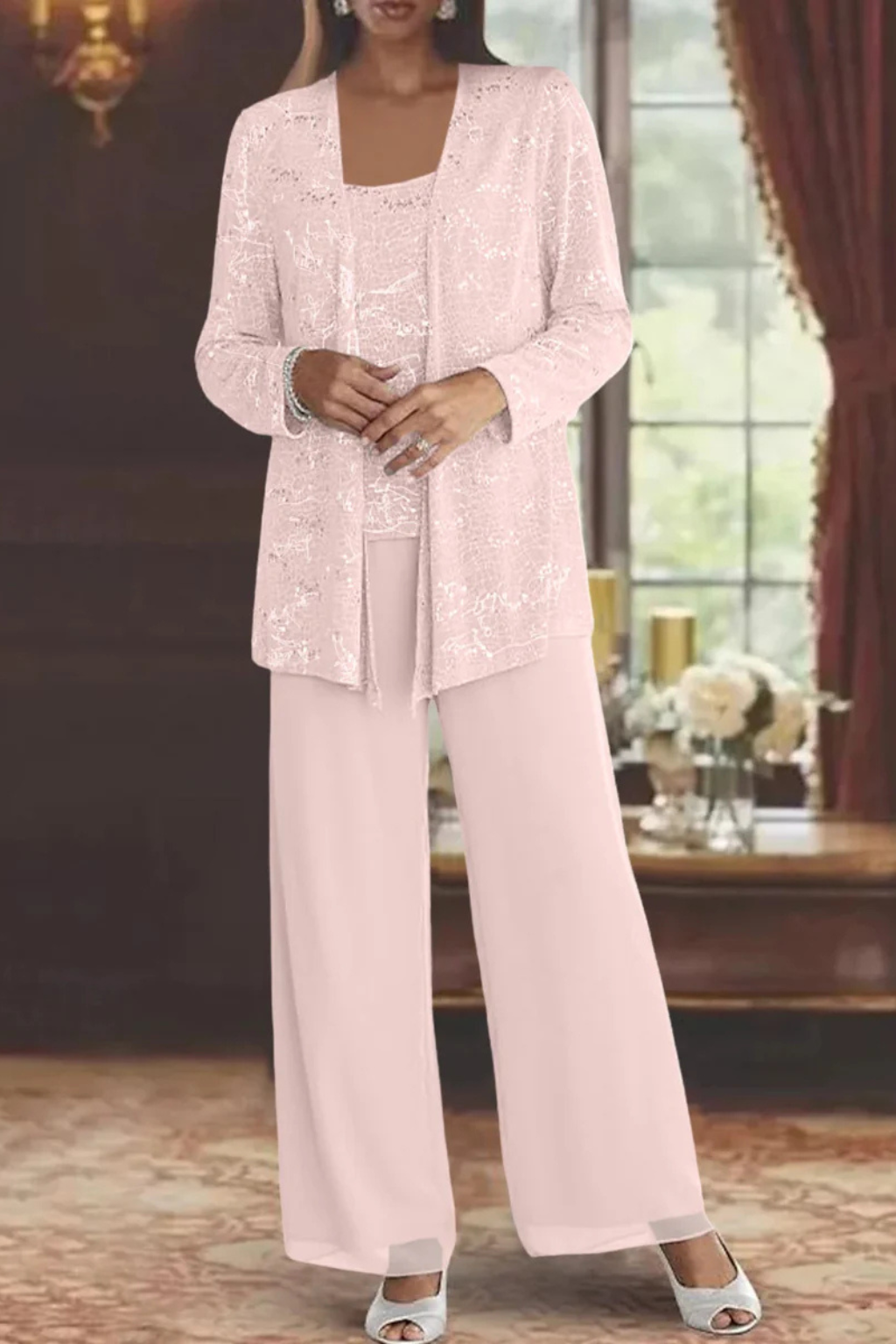 Ensemble trois pièces pour femme avec sequins et pantalon à jambes larges