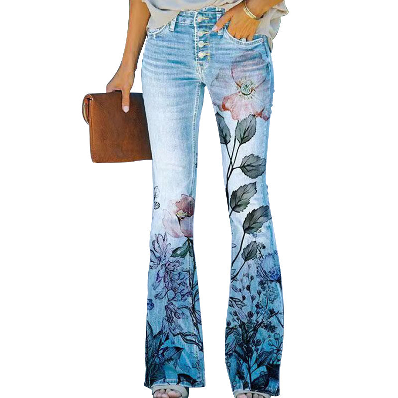 Jean évasé pour femme taille haute à imprimé floral