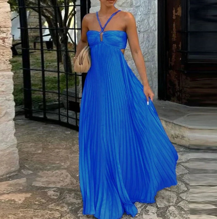 Robe longue plissée pour femme à col licou et dos nu