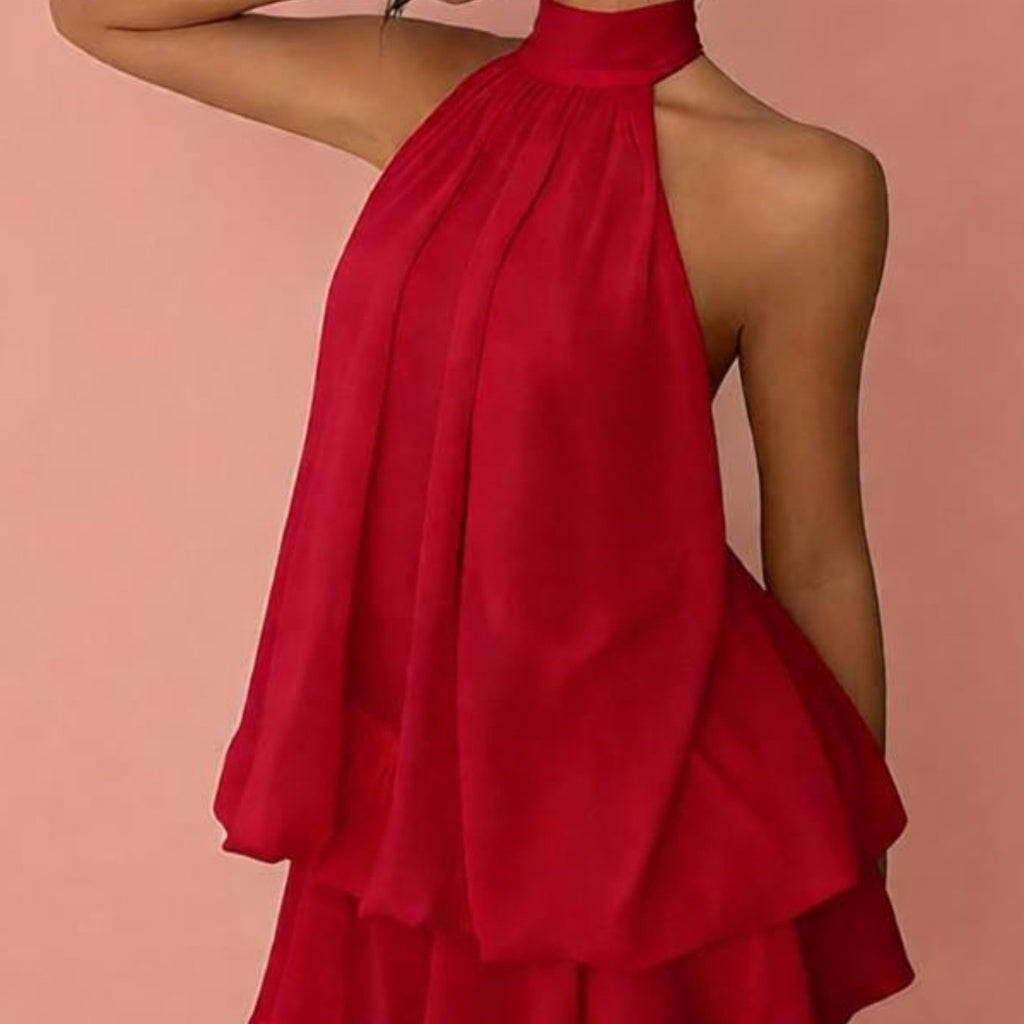 Robe courte pour femme en mousseline avec volants et col licou
