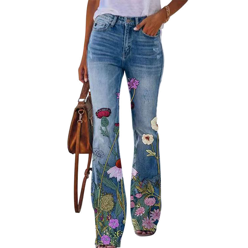 Jean évasé pour femme taille haute à imprimé floral