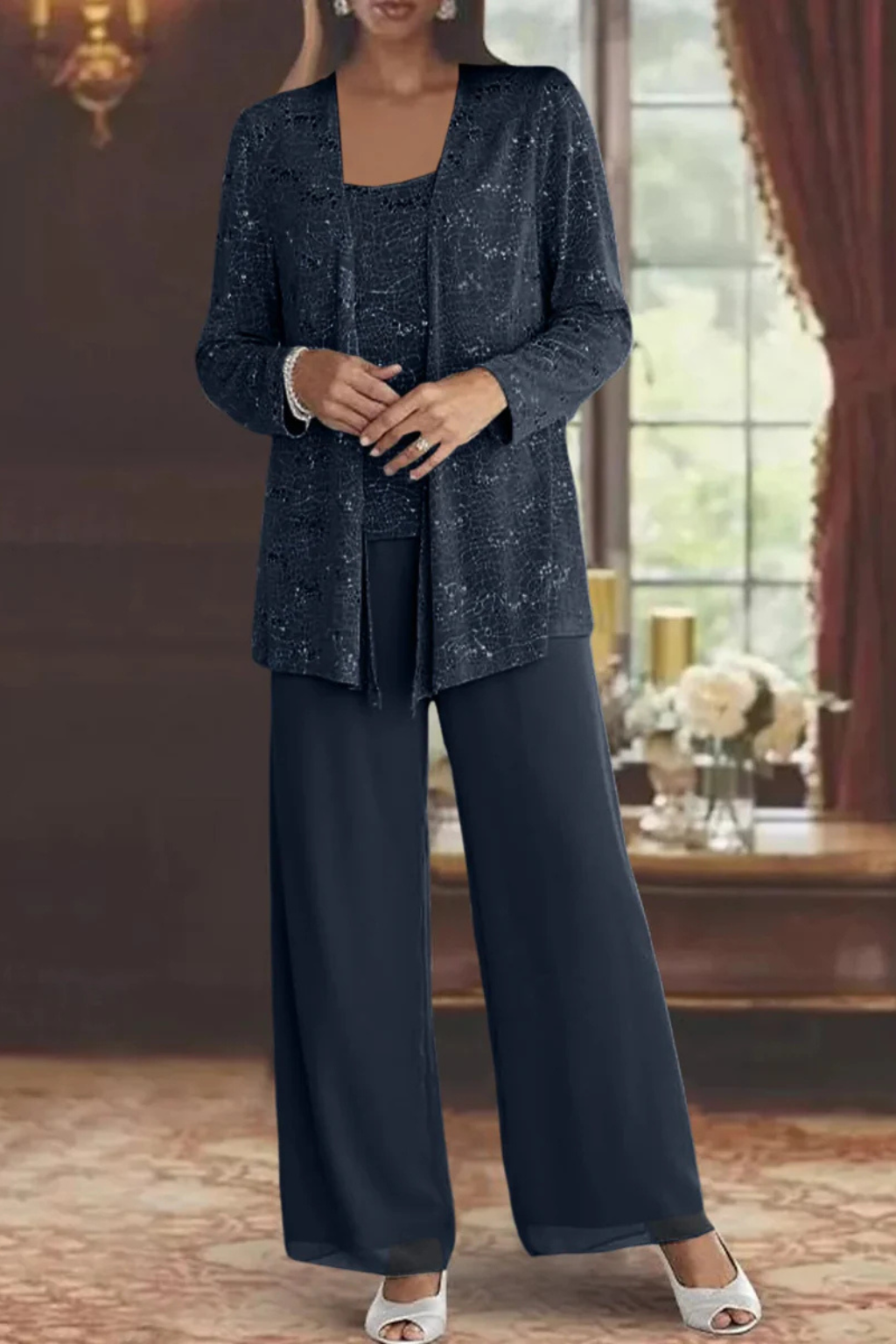 Ensemble trois pièces pour femme avec sequins et pantalon à jambes larges