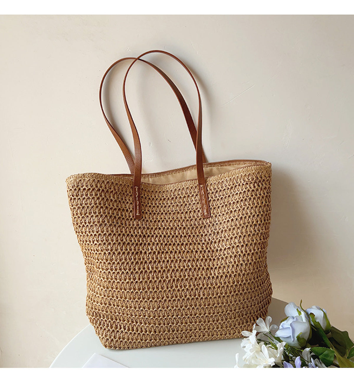 Elegant Riet Tote med Læderremme - SummerBreeze