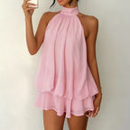 Robe courte pour femme en mousseline avec volants et col licou