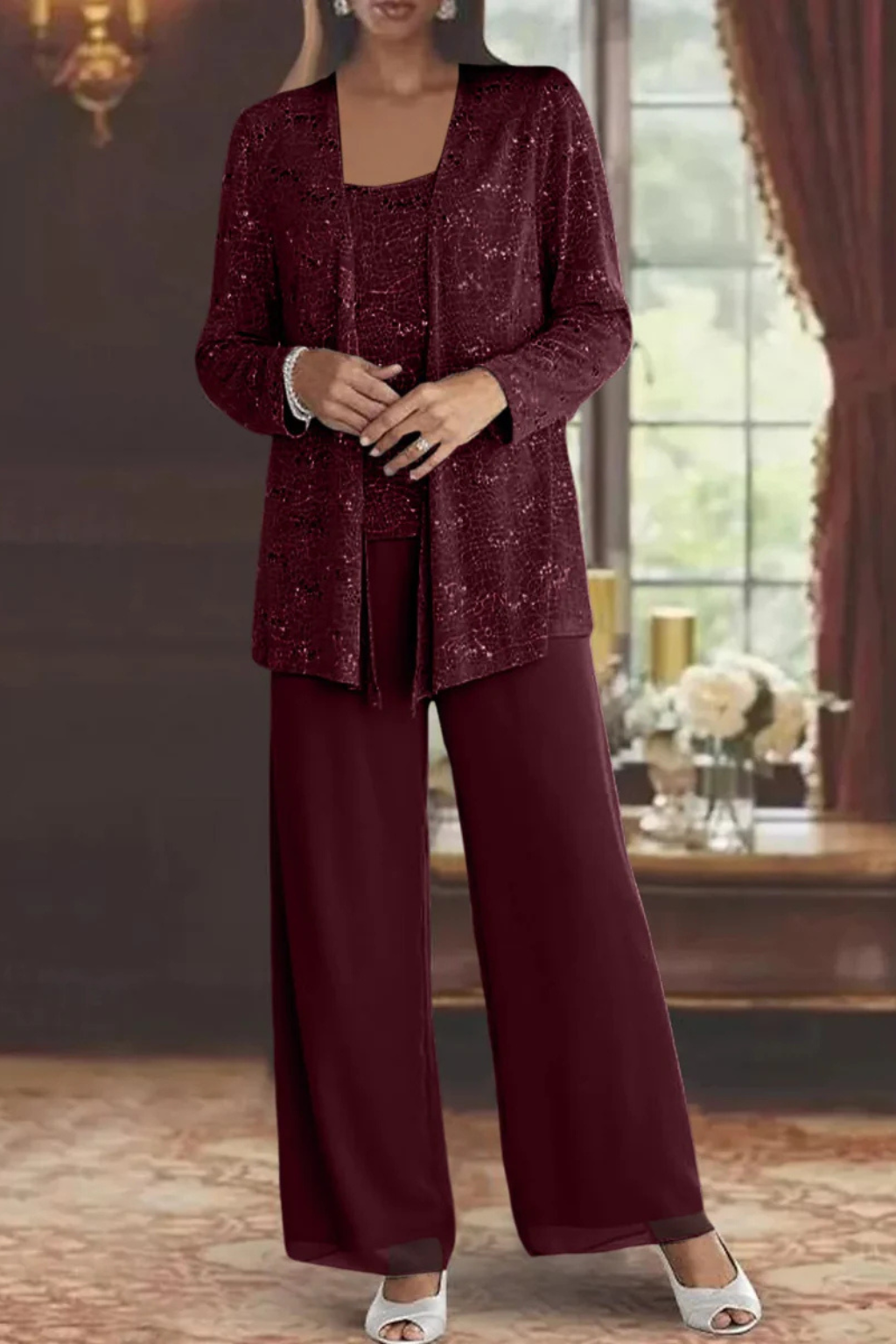 Ensemble trois pièces pour femme avec sequins et pantalon à jambes larges