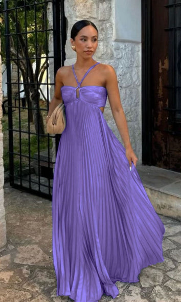 Robe longue plissée pour femme à col licou et dos nu