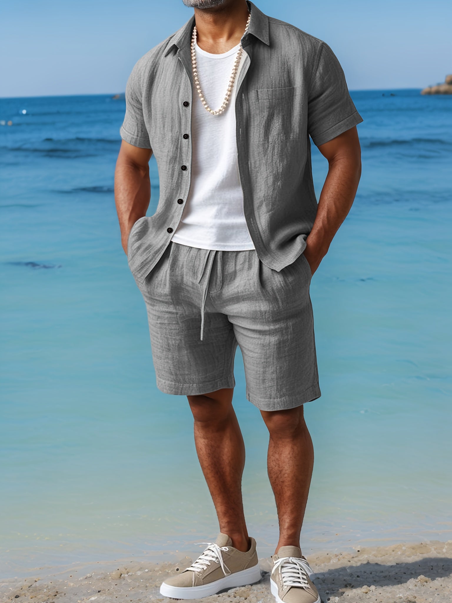 Conjunto de verano para hombre 100 % lino con camisa y pantalones cortos
