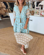 Abito Midi A-Line con Maniche a Lanterne e Scollatura a V