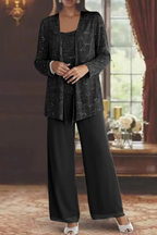 Ensemble trois pièces pour femme avec sequins et pantalon à jambes larges