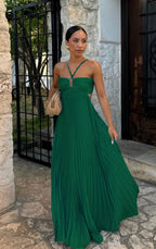 Robe longue plissée pour femme à col licou et dos nu
