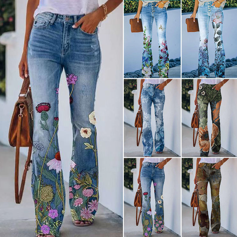 Jean évasé pour femme taille haute à imprimé floral