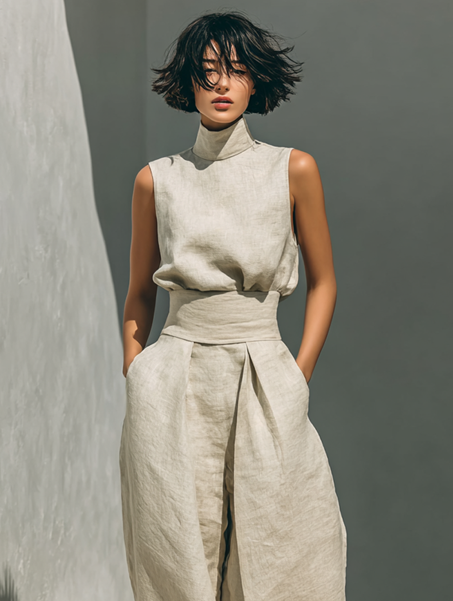 Sæt Dame Bomuld Hør Silhuet Minimalistisk Stil